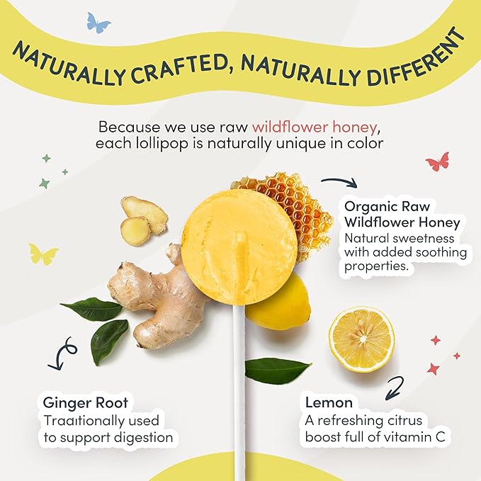 MommaBear Nausea & Motion Sickness Lollipops – Non-GMO Lemon & Ginger Candy for Nausea – Organic Lollipops for Kids 3+ & Pregnancy Must Haves to Ease Queasiness – Freshness, Sealed in (10 Pack)