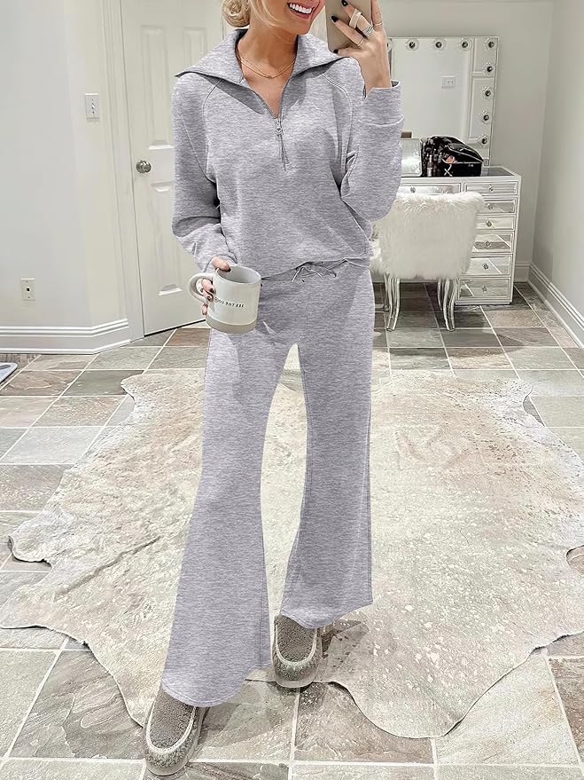ANRABESS Women’s 2 Piece Outfits Half Zip Sweatshirt & Wide Leg Pants Airport Travel Lounge Matching Sets Sweatsuits Clothing