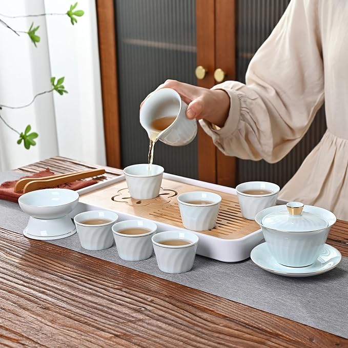Chinese Tea Set, Gaiwan Tea Set with 6 Cups, Chinese Gongfu Teaset, Gold-plated Edge Craftsmanship(GaiwanB 6cups)