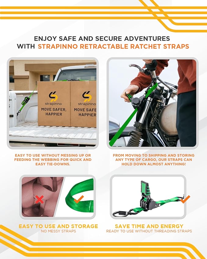 Strapinno 4pcs Retractable Ratchet Straps Bundle 1in x 6ft Ratchet Tie Down with Rubber Coated Steel Handle, S Hooks, Breaking Strength 1500 lbs Each (Green Strap, Black Coated)