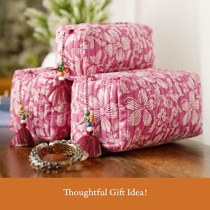 Saffron Marigold Quilted Makeup Bag Set of 3, Hand Block Printed Cotton Cosmetic Bags for Women, Waterproof Lined Travel Toiletry Bag, Coquette Floral Aesthetic, Handmade Gift, Mauve Mist Oleander