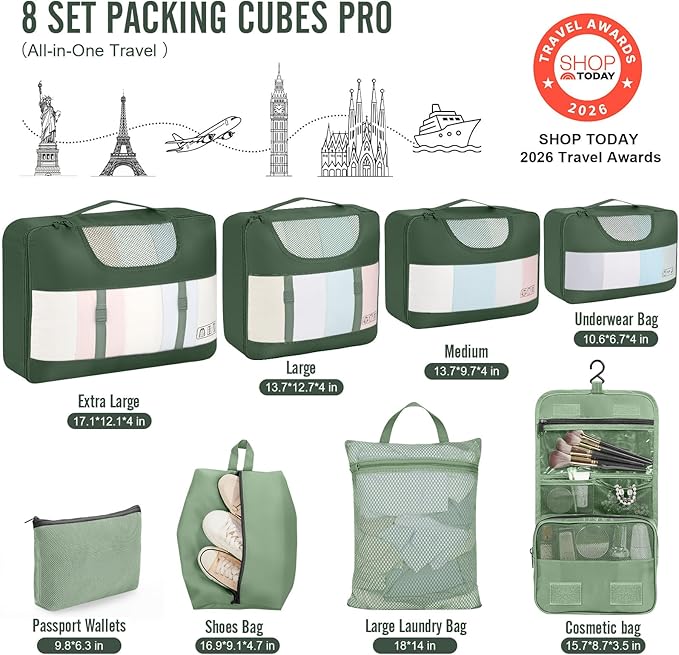 Veken 8 Set Packing Cubes for Travel Essentials, Suitcase Organizer Bags in 4 Sizes, Carry-On Luggage Accessories with Large Laundry Bag & Passport Holder, Must-Have for Airplane, Road Trip & Camping