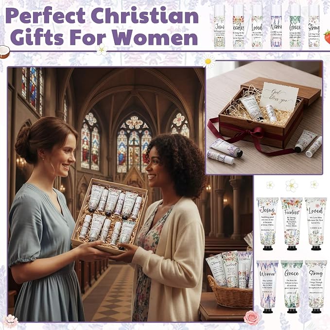 Loopeer 12 Sets Bulk Christian Hand Cream and Lip Balm Set for Women Religious Travel Size Moisturizing Lip Care Mini Religious Gifts for Women Coworker Appreciation Gift