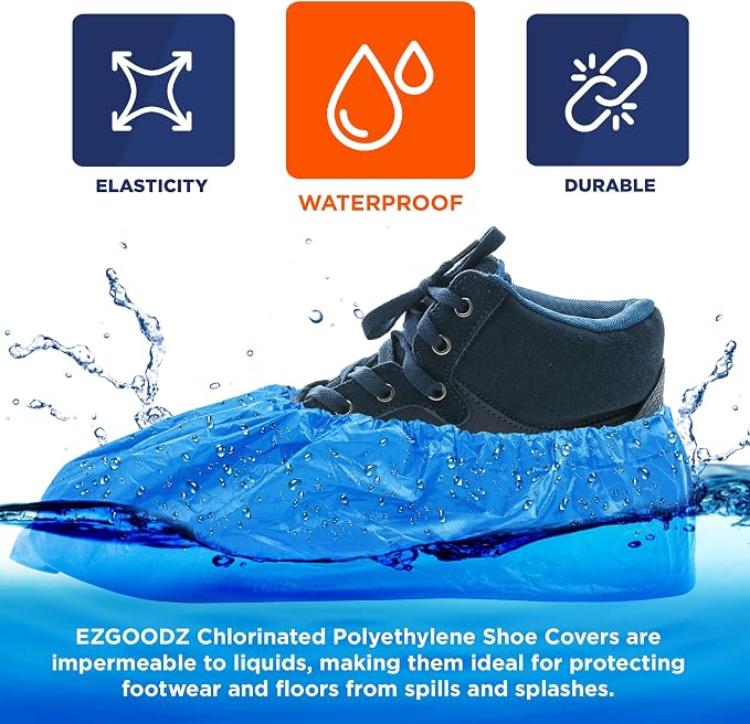 EZGOODZ Blue Disposable Shoe Covers for Indoors/Outdoors, 16 x 6 Inch. Pack of 100 (50 Pairs) Waterproof Disposable Boot Covers. Thick CPE Booties to Cover Shoes with Elastic Ankle Band