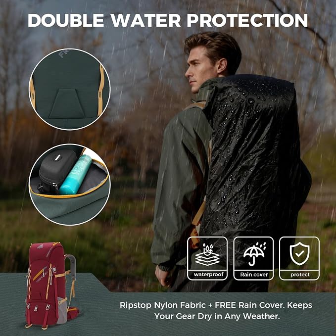 Bseash 65L Waterproof Hiking Camping Backpack with Rain Cover, Outdoor Sport Travel Daypack for Climbing Touring (Wine Red)
