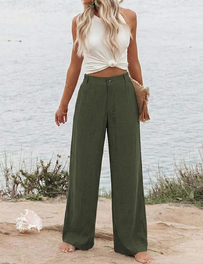 Hooever Womens Cotton Linen Pants Casual Button Up High Waisted Wide Leg Trousers