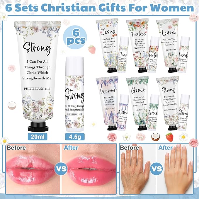 Loopeer 6 Sets Bulk Christian Hand Cream and Lip Balm Set for Women Religious Travel Size Moisturizing Lip Care Mini Religious Gifts for Women Coworker Appreciation Gift