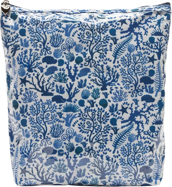 Jacaranda Living Large Cosmetic Bag – Water-Resistant Makeup & Toiletry Bag with PVC-Lined Interior, Travel Beauty Organizer, Blue Seashells