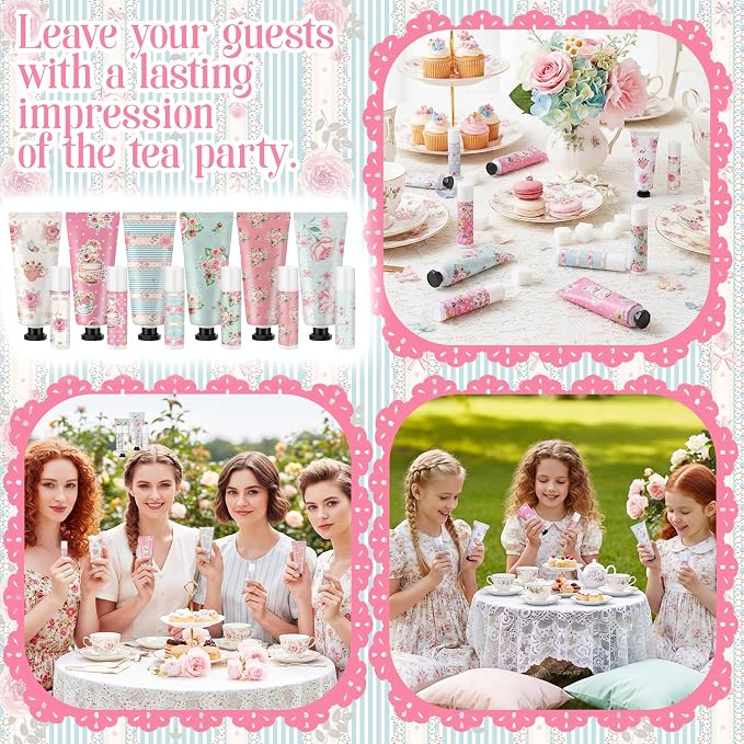 6 Sets Tea Party Favors Mini Hand Cream Lip Balm Bulk Gift Set for Women Wedding Party Favors for Guests Travel Size Hand Lotion Vintage Floral Moisturizing Lip Balm Gifts for Baby Shower