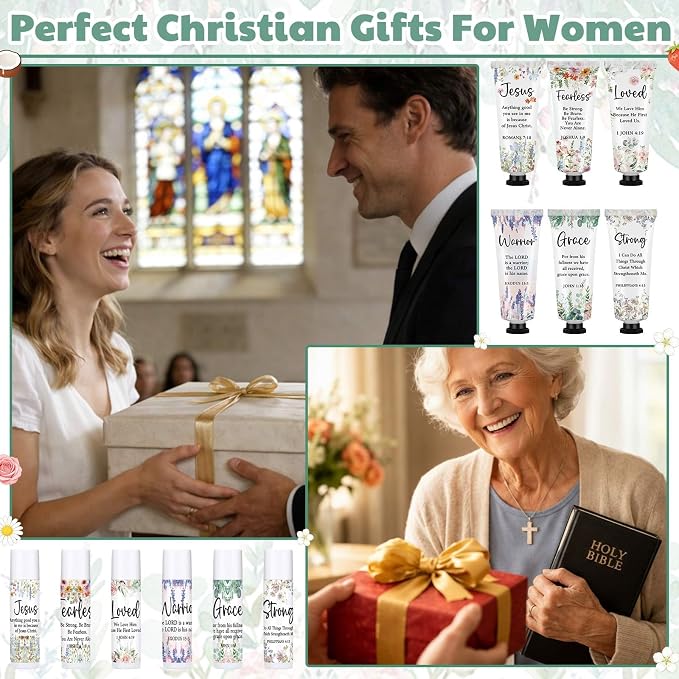 Loopeer 18 Sets Bulk Christian Hand Cream and Lip Balm Set for Women Religious Travel Size Moisturizing Lip Care Mini Religious Gifts for Women Coworker Appreciation Gift