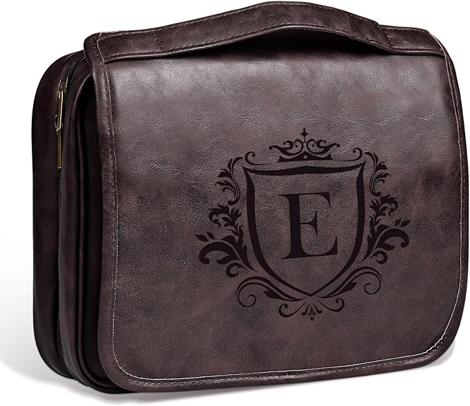 Personalized Gifts 3-in-1 Hanging Travel Toiletry Bag for Men, Laser-Engraved Initial Waterproof PU Leather Shaving Bag Valentines Easter Birthday Gifts for Men Dad Husband Son Dark Brown E