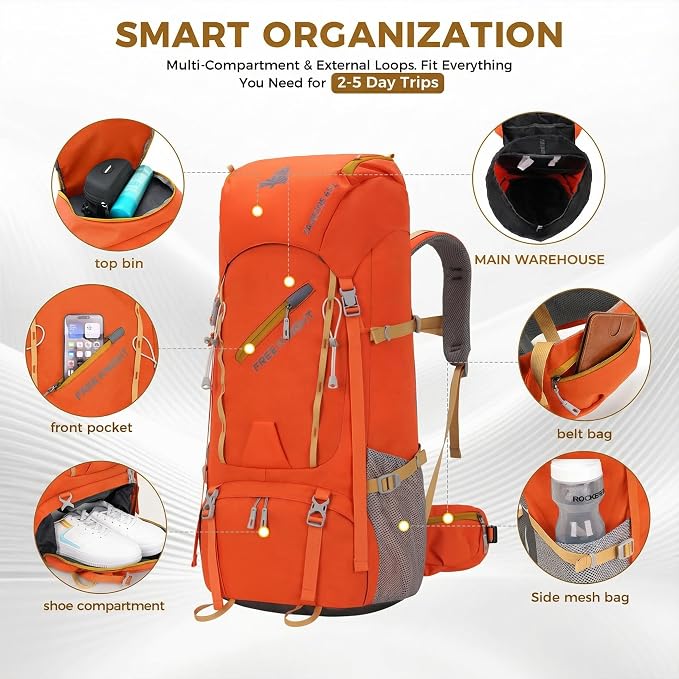Bseash 65L Waterproof Hiking Camping Backpack with Rain Cover, Outdoor Sport Travel Daypack for Climbing Touring (Orange)