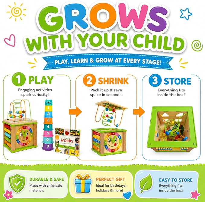 Wooden Activity Cube for Baby, Montessori Toys for 1 Year Old, Baby Toys 1 Year Old, Toys for 1+ Year Old Girl - Wooden Activity Center with Bead Maze Toy, Baby Stacking Cups, Book, in Pink Gift Box