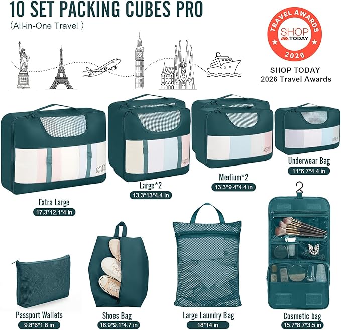 Veken 10 Set Packing Cubes for Travel Essentials, Suitcase Organizer Bags in 4 Sizes, Carry-On Luggage Accessories with Large Laundry Bag & Passport Holder, Must-Have for Airplane, Road Trip & Camping
