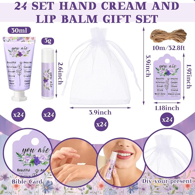 24 Sets Christian Graduation Gifts Hand Cream and Lip Balm Bulk Teacher Appreciation Gifts Bible Verse Thank You Cards with Organza Bag for Graduation Supplies(Classic)