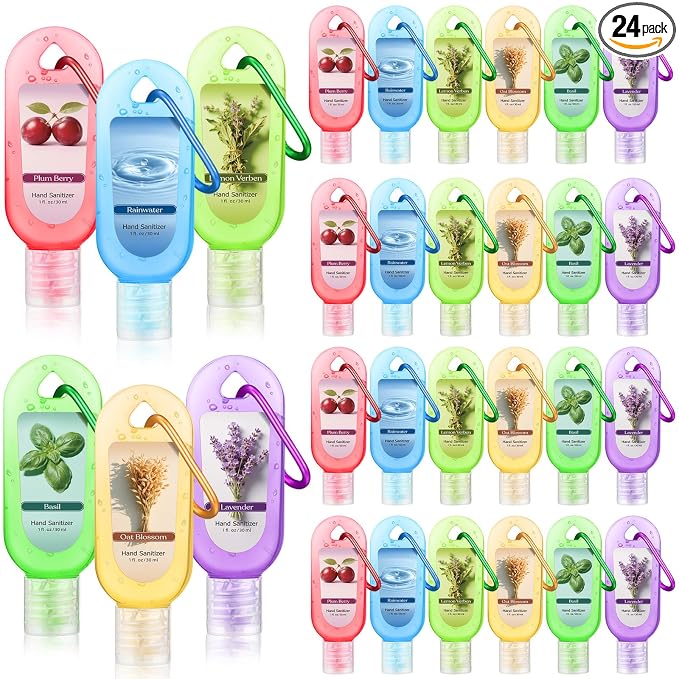 24 Pack Scented Hand Sanitizers Keychain Gift Lavender Mini Hand Sanitizer Gel Bulk 1 oz Travel Size Colorful with Keychain Set Thank You Gift for Teacher Nurse Coworker Graduation Party