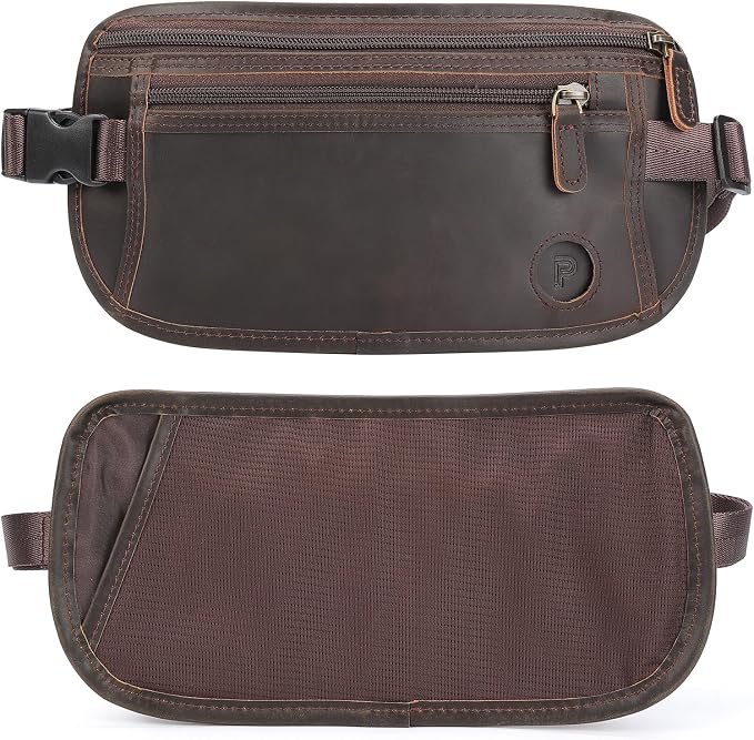 Polare Full Grain Leather Money Belt Hidden Passport Holder Wallet Travel Pouch with AirTag Slot Slim RFID Blocking Undercover Waist Bag