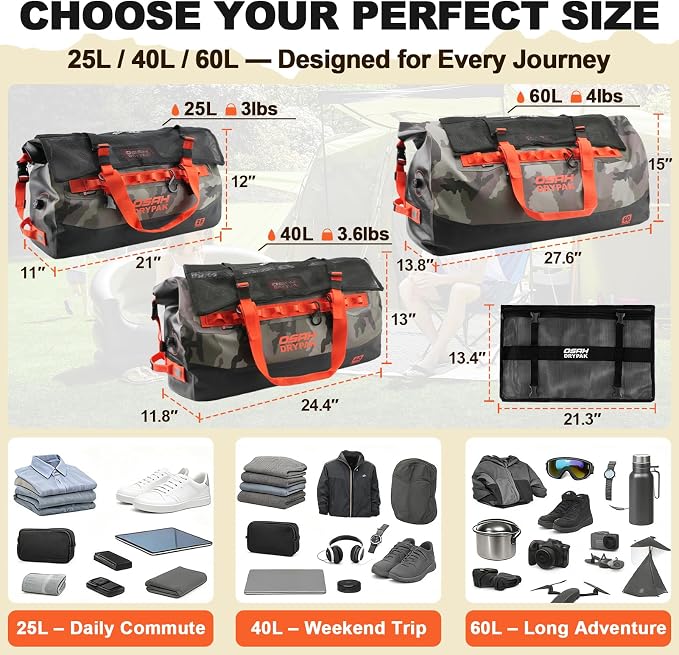 OSAH DRYPAK Waterproof Duffel Bag 25L/40L/60L – Heavy-Duty Motorcycle Tail Bag, Roll-Top Dry Bag for Travel, Camping, Boating, Kayaking, Outdoor Adventure