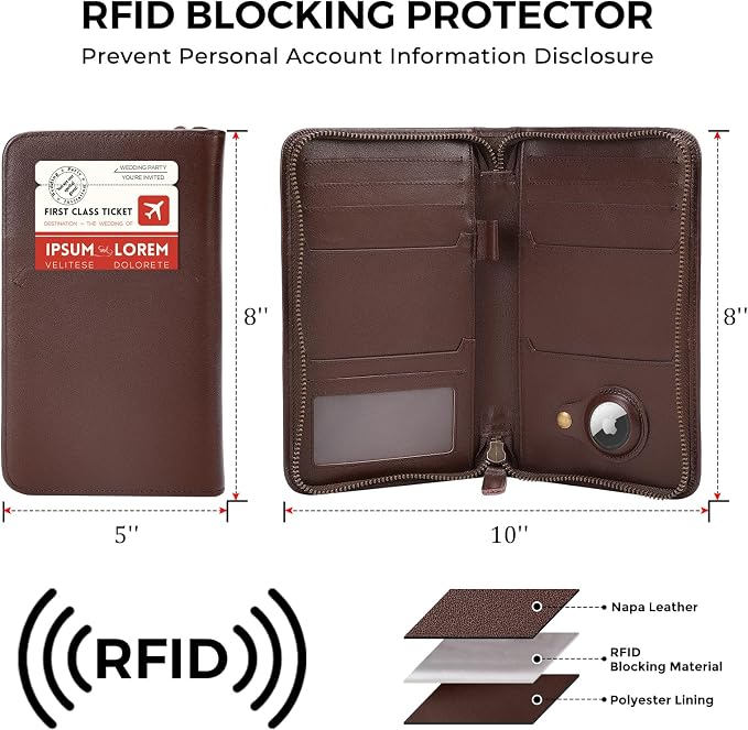 Polare Full Grain Leather Passport Holder Cover Case for Men RFID Blocking Travel Wallet Holds 4 Passports (Coffee with AirTag Slot)