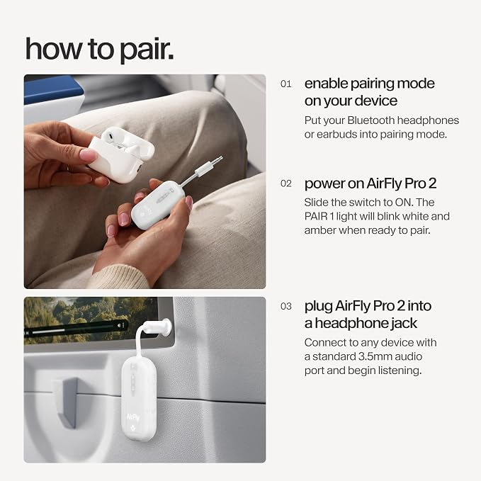 AirFly Pro 2 – Bluetooth Adapter for Airplane, Pair 2 AirPods or Wireless Headphones – 3.5mm AUX Bluetooth Transmitter for Cars, Boats, Treadmills, TVs– Airplane Travel Essentials, Glacial White