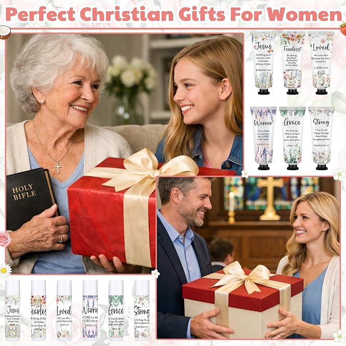 Loopeer 24 Sets Bulk Christian Hand Cream and Lip Balm Set for Women Religious Travel Size Moisturizing Lip Care Mini Religious Gifts for Women Coworker Appreciation Gift