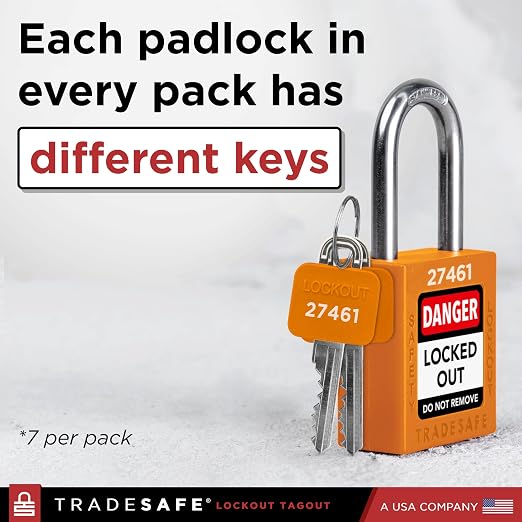 TRADESAFE Lockout Tagout Locks Set - 7 Orange Loto Locks, Lockout Locks Keyed Different, 2 Keys Per Lock, OSHA Compliant Lock Out Tag Out Padlocks, Safety Padlocks for Electrical Lockout Tag Out Kits