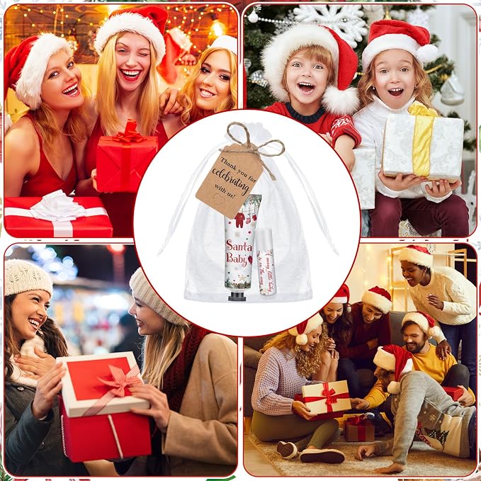50 Sets 200 Pcs Christmas Santa Claus Baby Shower Gifts Bulk Hand Lotion and Lip Balm Gift Party Favors Travel Size Hand Lotion and Lip Balm with Organza Bags Tags