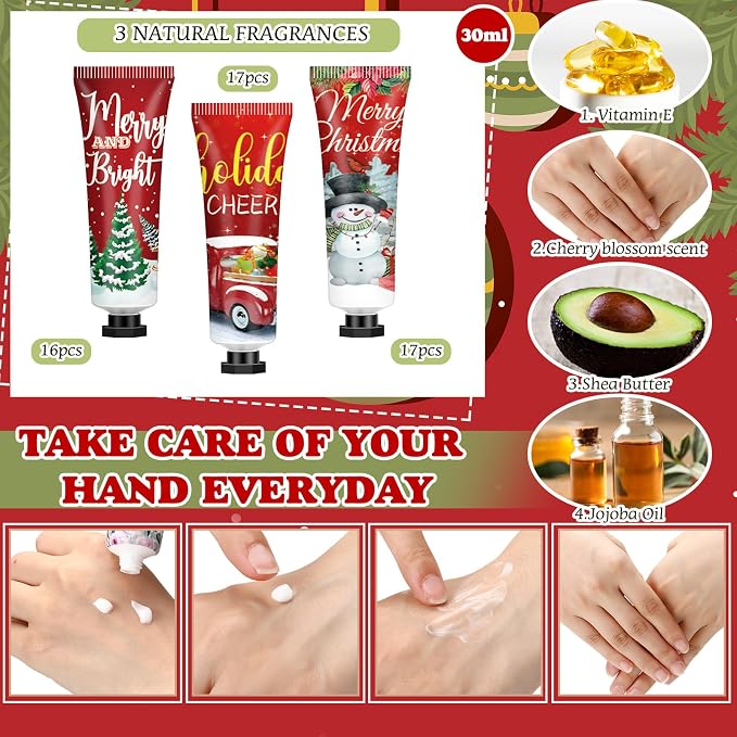 50 Sets 200 Pcs Christmas Hand Lotion and Lip Balm Sets Christmas Stocking Stuffers Holiday Treat Gifts Goodie Xmas Party Supplies for Women Men Lip Care with Organza Bags Tags (Vintage Style)