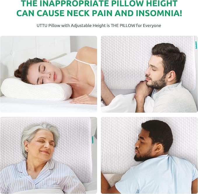 UTTU Cervical Pillow for Neck Pain Relief, Memory Foam Neck Pillow for Sleeping, Adjustable Orthopedic Sandwich Pillow, Contour Cooling for Side Back Stomach Sleeper, King(27.6"×15.7"×5.2"/4.5")