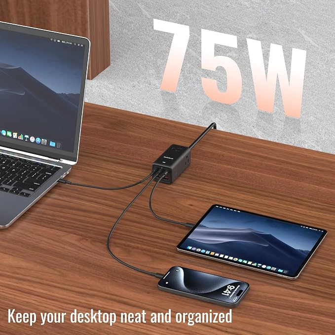 NENJI 75W GaN USB C Charger Station, Super Fast Charging 8-in-1 Power Strip with 5 USB & 3 AC Ports, Smart Charging, PD Charger for iPhone, Samsung, iPad, MacBook – Desktop & Travel-Friendly – Black