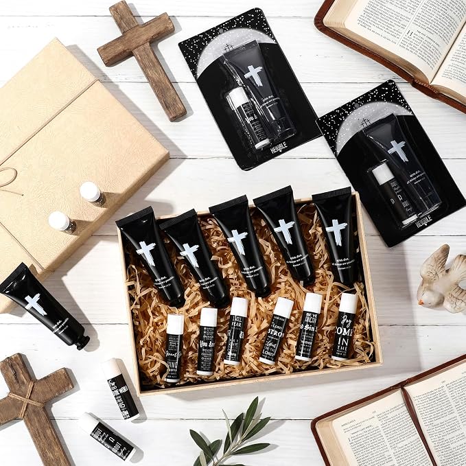 50 Sets 100 Pcs Church Gift for Men Bulk Black Hand Cream and Lip Balm Religious Bible Verse Cedar Scent Lip Moisturizer Christian Appreciation Gift for Coworker Church Party Favor