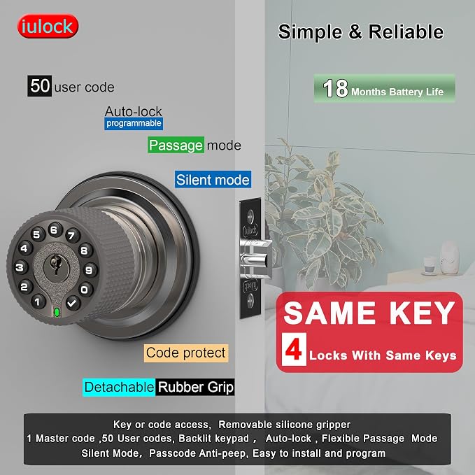 iulock Smart Door Knob with Keypad and Key,Keyless Entry Door Lock with Rubber Grip, Auto Lock,50 User Code,Waterproof, Easy to Install and Program for Bedroom(Stain Nickel Same Key 4 Pack)