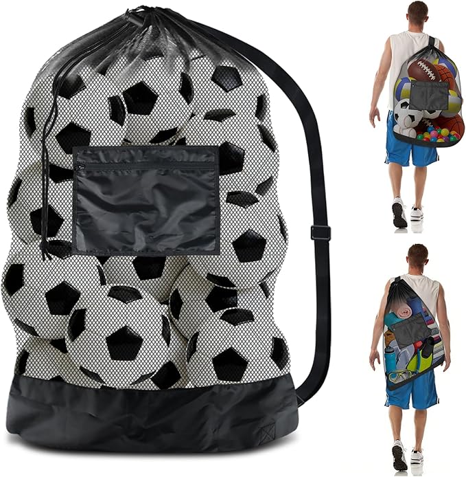 BROTOU Extra Large Soccer Ball Net Bag, 40" x 30" Drawstring Mesh Ball Bag with Zipper Pocket, Sports Equipment Bag for Gym, Cloth, Beach, Swimming Gears