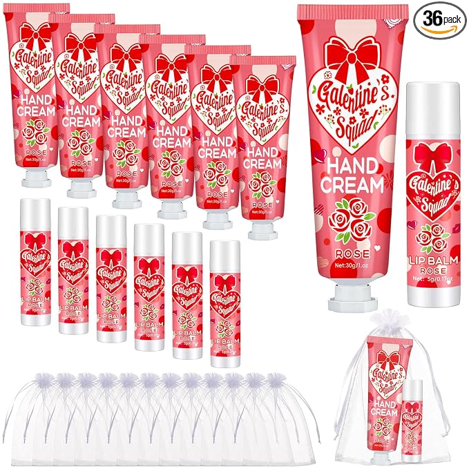 Demissle 36 Sets Galentine's Day Gifts Bulk 36 Lip Balm and 36 Hand Cream Gift Set Galentine's Day Party Favors Supplies Valentines Gift Ideas for Adults Friends Women Teacher Staff Coworker