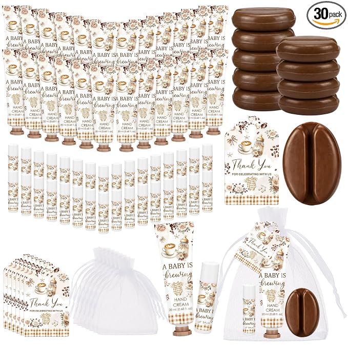 Loopeer 30 Set/150 Pcs A Babys Is Brewing Coffee Baby Shower Favors for Guests Gifts Hand Cream Lip Balm Soap Party Favors Travel Size with Bags, Thanks You Card for Games Prizes Souvenirs