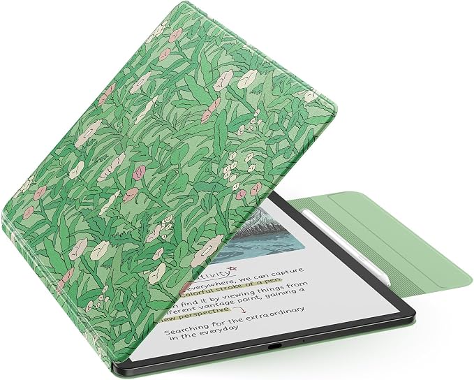 MoKo Magnetic Case for All-New 11" Kindle Scribe 2025(3rd Generation) & Kindle Scribe Colorsoft 2025(1st Gen) - Slim Folio Premium PU Leather Cover with Pen Clasp & Auto Sleep Wake, Green Flower