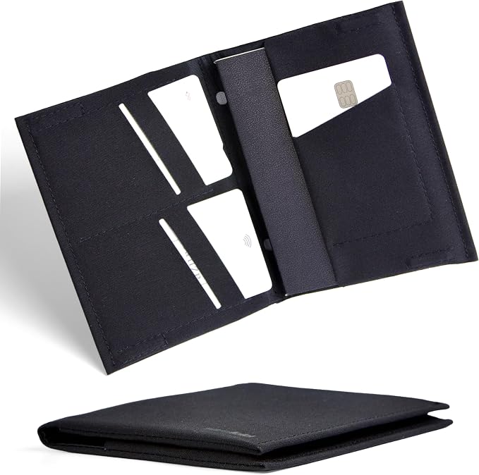 SlimFold Minimalist Passport Holder - Ultra-Thin Wallet Design with AirTag Slot, RFID Blocking - Holds 2 Passports with Magnet Closure for Secure Travel - Made in USA (Black w/Black Stitching)