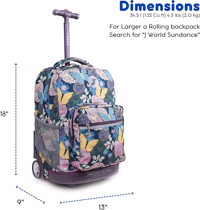 J World Sunrise Kids Rolling Backpack for Girls Boys. Roller Bookbag With Wheels For School, Secret Garden