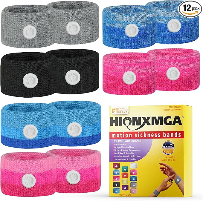 HIONXMGA 6 Pairs Motion Sickness Bands – Natural Anti Nausea Acupressure Wristbands for Morning & Motion Sickness Relief – Ideal for Car, Cruise & Flight Travel – for Adults and Kids