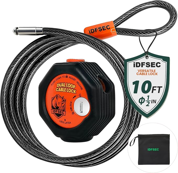 Heavy Duty Adjustable Cable Lock - 10' x 1/2" Security Cable with Dual Cinch, 4 Keys, All-Weather Protection for RV, Kayaks, Grill, Trail Cameras, Bike & Outdoor Gear