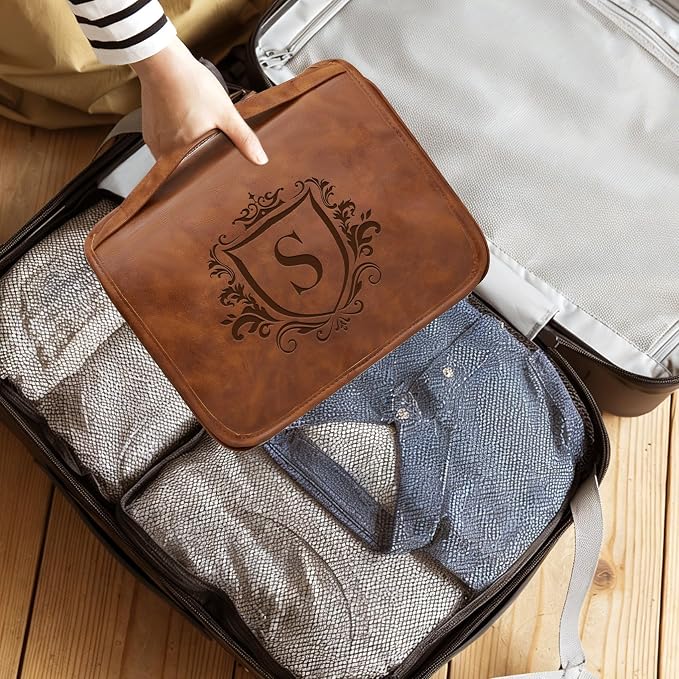 Travel Essentials Accessories Personalized Initial Letter 3-in-1 Hanging Toiletry Bag for Men, Waterproof PU Leather Travel Size Toiletries Storage Organizer Shaving Bag for Men Light Brown R