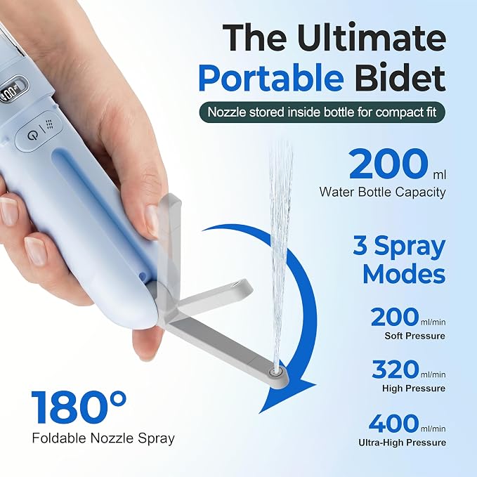 Portable Bidet for Travel | Bathroom - Rechargeable Electric Bidet Sprayer with 3 Pressure | Waterproof for Ultimate Personal Hygiene Cleaning at Home Office and Camping (Blue)