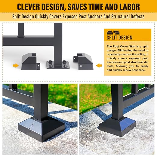 Aluminum Deck Railing Post Base Cover, Split Type, 1.25" x 1.25", 8 Pack, Black