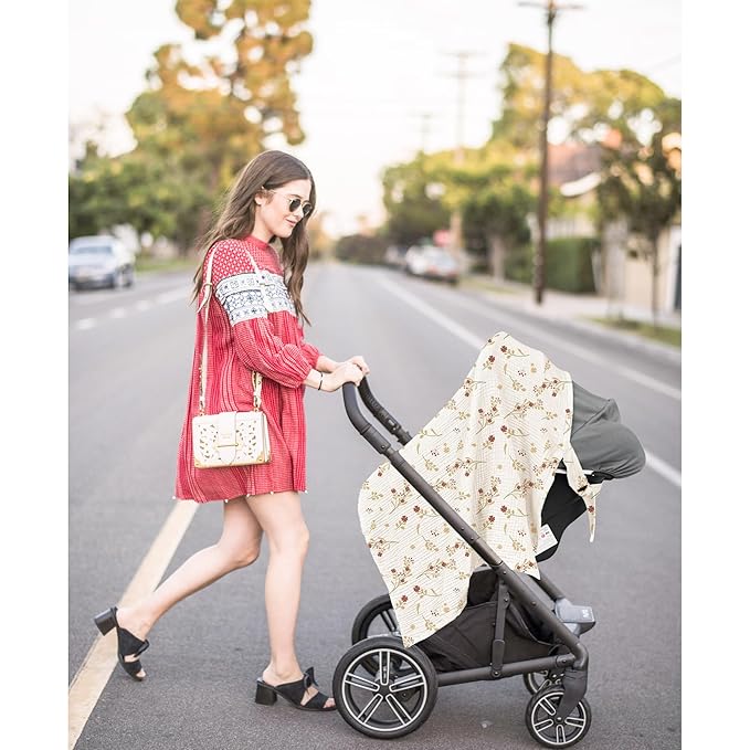 Konssy Muslin Nursing Cover for Baby Breastfeeding, Breathable 100% Cotton Breastfeeding Cover with Rigid Hoop for Mother Nursing Apron, Multi-use Carseat Canopy (Posy)