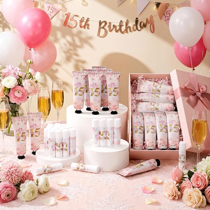 Leelosp 50 Pcs/25 Sets Quinceanera Party Favor Gifts for Guests 15th Thank You Gifts Girl Pink Hand Cream and Lip Balm Sweet 15th Birthday Party Favors for Guests