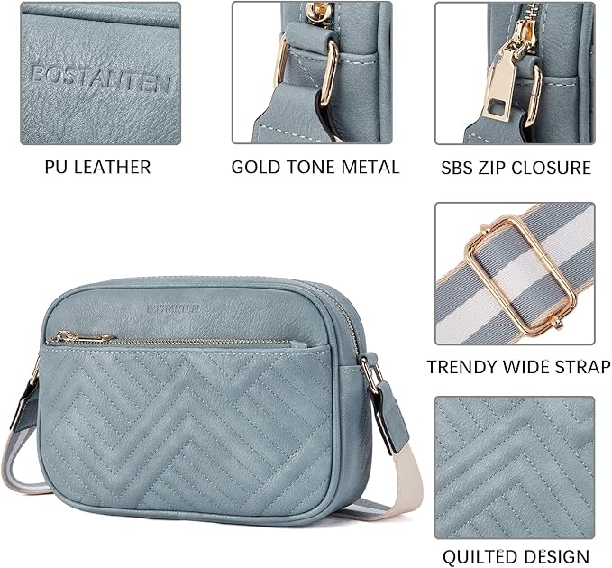 BOSTANTEN Quilted Crossbody Bags for Women Vegan Leather Purses Shoulder Handbags with Wide Strap