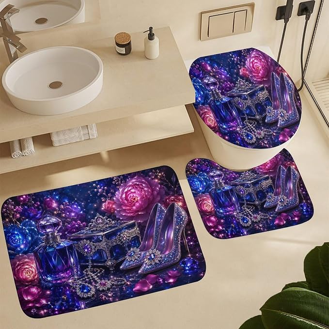 Magical Crystal Shoes And Jewelry Set Bathroom Rug Set 4 Piece with Shower Curtain Non Slip Bath Mat Set Microfiber Bathroom Decor Toilet Lid Cover U Shape Rug Waterproof Bathroom Accessories