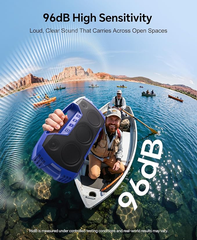 IPX7 Waterproof Outdoor Bluetooth Speaker, Wireless, 90W(Peak), 32H Playtime, Floating Design, Deep Bass & Loud Stereo Sound, Portable with Handle, Rugged for Pool, Beach, Kayaking, Hiking, Blue
