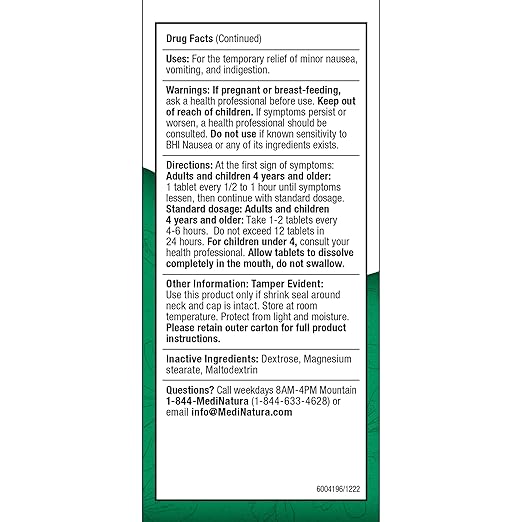 MediNatura BHI Nausea Relief – Digestive Health Support for Nausea, Vomiting, Indigestion & Stomach Discomfort – Fast-Acting, Chewable & Non-Drowsy - 100 Count