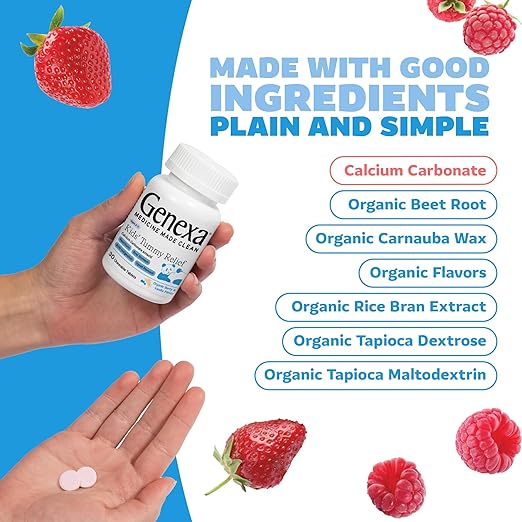 Genexa Kids' Clean Tummy Relief | Heartburn, Acid Indigestion & Sour Stomach Relief | Children's Calcium Carbonate | Dye Free, 0% Artificial Additives | Ages 2-11, Berry Flavor Chewable Tablets, 30ct